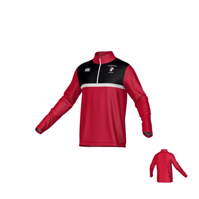 The Northeastern University Men's Rugby Canterbury Legacy Midlayer 1/4 Zip by Teamatical features a red long-sleeve design with a black chest panel, white stripe, small left-chest logo, and includes a back view in the bottom right corner.