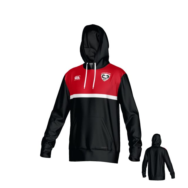 Loudon Rugby Canterbury Legacy Performance Hoodie by Teamatical: black and red with white drawstrings, chest stripe, front pocket, logo on chest, small white emblem on right shoulder; back view shown.