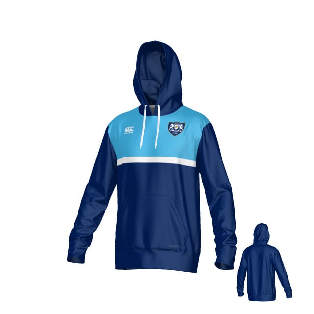The Teamatical Villanova Rugby Canterbury Legacy Performance Hoodie features blue and light blue colors, white accents, a front pocket, a sports team logo on the left chest, and a plain back with a hood.