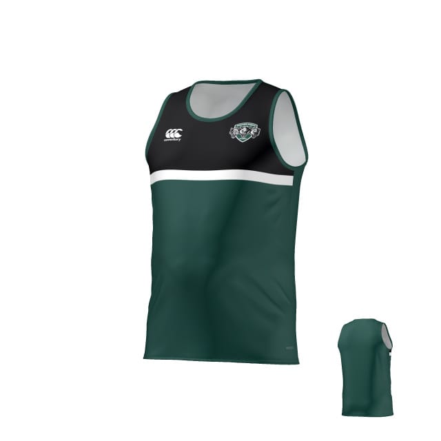 The Woodlands Rugby Canterbury Performance Singlet by Teamatical features green and black colors, a white horizontal stripe, team logo on the chest, and branded details on the upper right; back view shown inset.