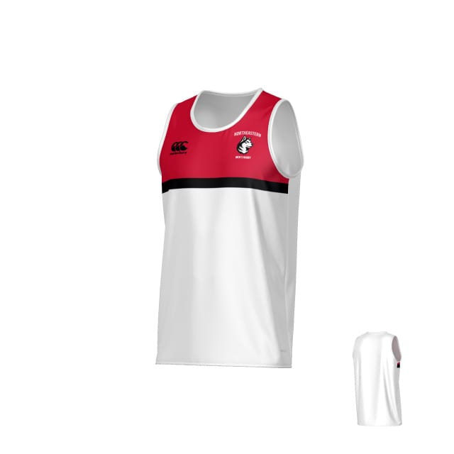 Northeastern University Men's Rugby Canterbury Legacy Performance Singlet by Teamatical—white and red athletic tank with black chest stripe, logo, and "NORTHEASTERN" on front; back view shown in corner.