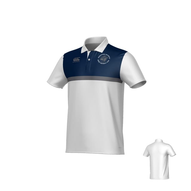 The Teamatical Georgetown University RFC Canterbury Legacy Performance Polo features a white body with navy blue yoke and collar, a dark chest stripe, small circular logo on the left chest, and a plain white back.