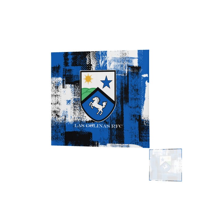 The Las Colinas DNA Denver Blanket by Teamatical features a blue, white, and black abstract square design with a shield showing a horse, star, sun, and green hills. Cozy rugby fleece blanket with "Las Colinas RFC" text at the bottom.