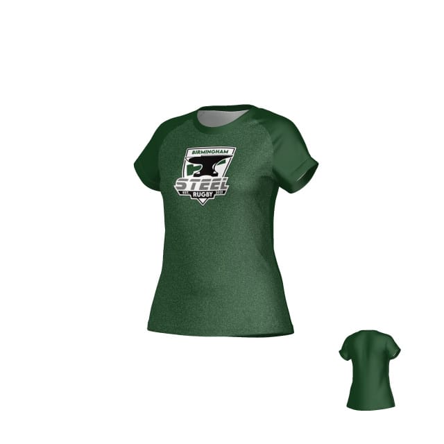 The Birmingham Steel DNA Sydney Crew Performance Tee - Women's by Teamatical features the "Birmingham Steel Rugby" logo, front and back views, and is made from moisture-managing fabric to keep you comfortable and dry during workouts.
