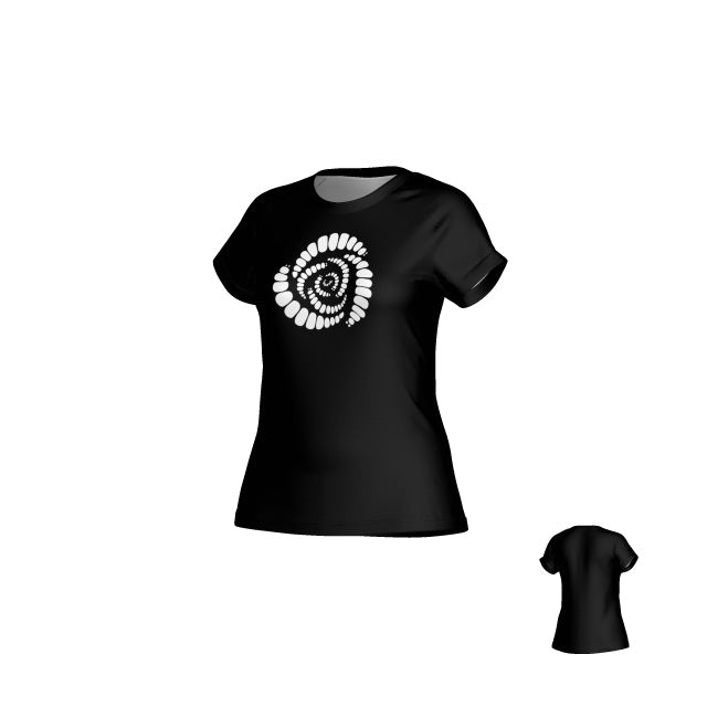 Teamatical Missoula All-Maggots Sydney Performance Tee for women featuring a white spiral shell design on the front, displayed from both front and angled back views against a white background.