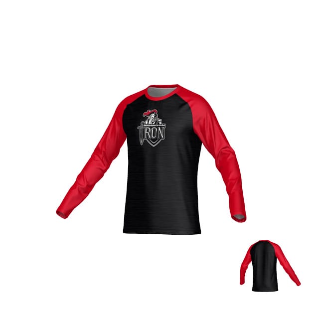 The Birmingham Iron Women's Football DNA Sydney LS Tee by Teamatical features red sleeves, a black body with a "TRON" front logo, and moisture-wicking fabric. A smaller image displays the back view.