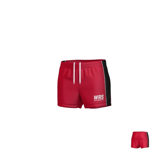 Teamatical WRS WOMENS PRO SHORT - CLEAN: Red athletic shorts featuring a white drawstring, black side panels, and "WRS" printed in white on the left leg.