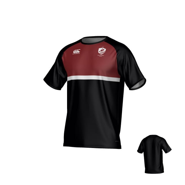 The West Potomac Canterbury Legacy Performance Tee by Teamatical features maroon and black color blocks, a white horizontal stripe, and two chest logos; the back is solid black.