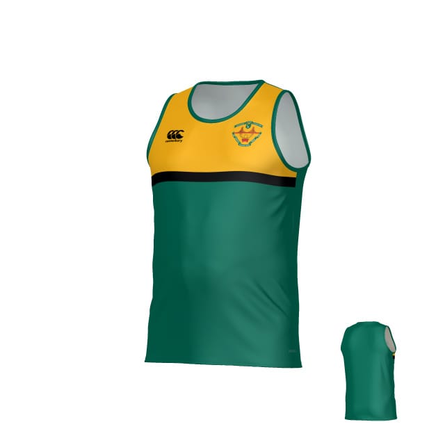 The Teamatical San Francisco Golden Gate Canterbury Legacy Performance Singlet features a green and yellow sleeveless design with a black stripe, left chest logo, and Canterbury branding on the right chest.