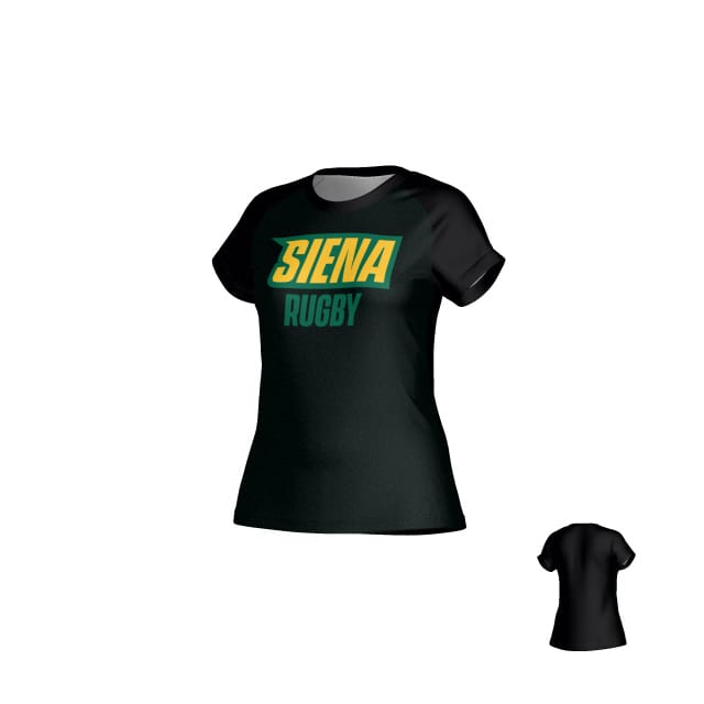 The Teamatical Siena College DNA Sydney Crew Performance Tee for women features "SIENA RUGBY" in bold yellow and green on the front, a plain back, and moisture management for comfort.
