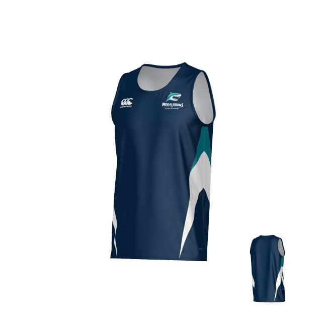 The NC Megalodons Canterbury Hunter Performance Singlet by Teamatical features navy blue with white and teal accents, team and brand logos on the front, and moisture-wicking fabric. Shown in front and back views.