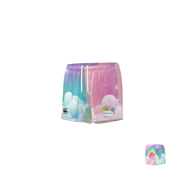 The Teamatical MENS REFEREE SHORT features a pastel gradient with a cloud design, rainbow accents, drawstring waist, and a logo on the front left leg.