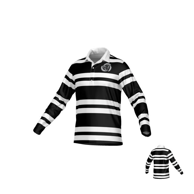 The Teamatical Missoula All-Maggots Signature Pique LS Polo features black and white horizontal stripes, a white collar, and a small circular logo on the left chest.