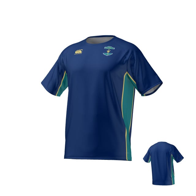 UNCW Women's Rugby Canterbury Performance Shirt by Teamatical: blue short-sleeve athletic shirt with green and yellow side accents, team logos on the chest, and back view shown in the corner.