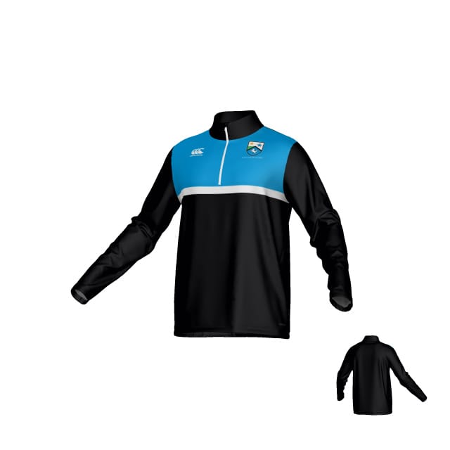 The Las Colinas Canterbury Mid layer Qtr Zip - Mens by Teamatical features black and blue colors, long sleeves, a quarter zip, and logos on the left chest and right side; front and back views are displayed.