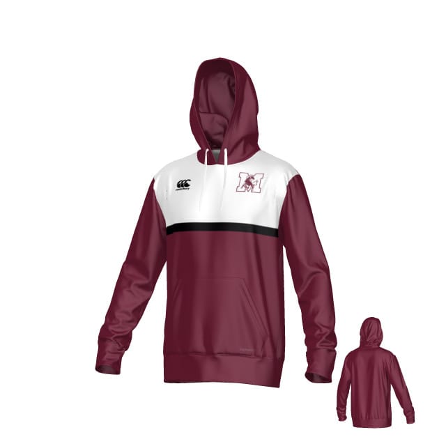 Teamatical JS Morton High School Canterbury Legacy Performance Hoodie in maroon and white, featuring a black stripe, “M” logo on chest, and front pouch pocket; front and back views displayed.