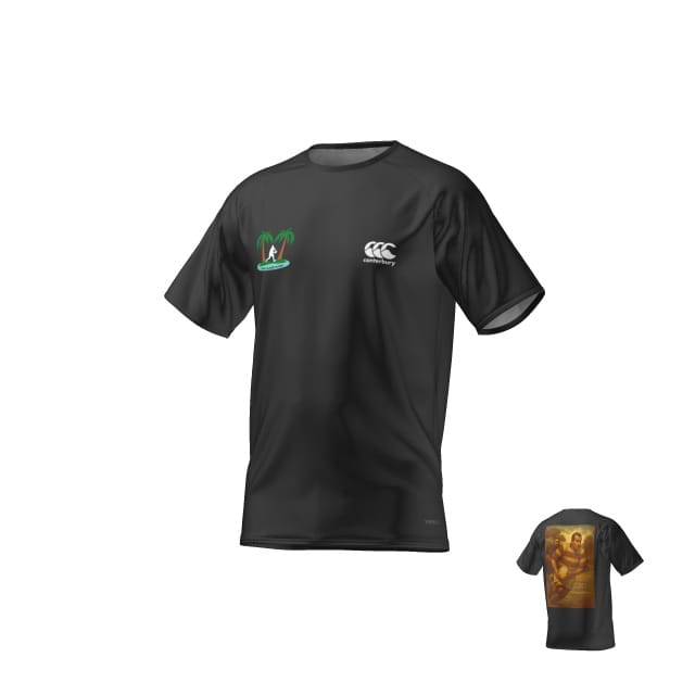 The TWIN ISLAND CANTERBURY ECO-SUBLIMATE SS RAGLAN TEE by Teamatical is a black short-sleeve shirt featuring a palm tree logo on the front left chest and a rectangular graphic on the back.