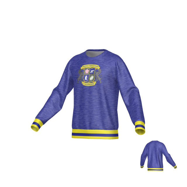 Teamatical Winchester Cannons Denver Crew Sweatshirt in blue, featuring long sleeves with yellow cuffs and hem, a crest and "Winchester Cannons" text on the front; back view shown in the corner.