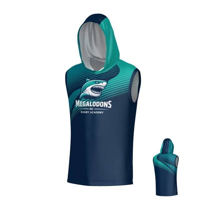 Teamatical NC Megalodons DNA Phoenix Sleeveless Hooded Tee in navy and teal features "Megalodons NC Rugby Academy" text, shark logo, moisture management, UPF 50 protection, and a teal hood with diagonal stripes on the back.
