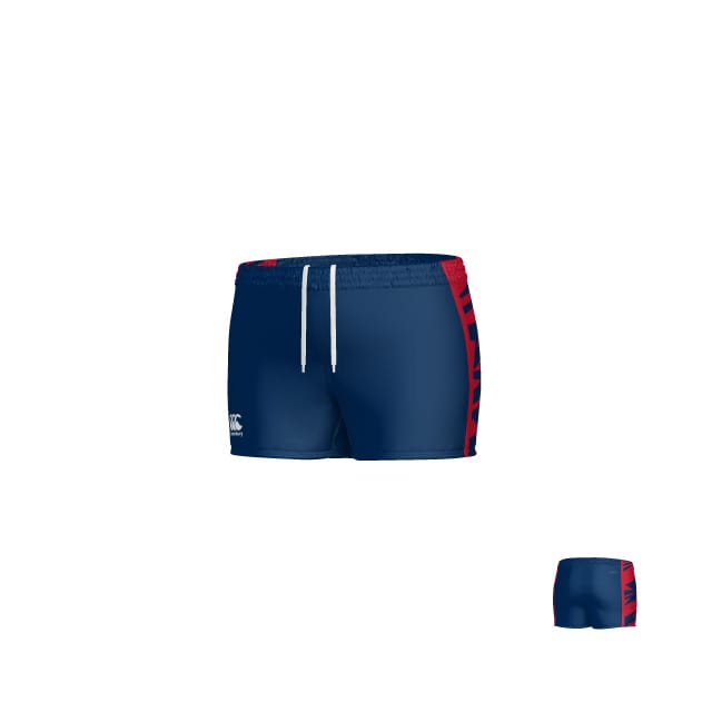 Teamatical University of Southern Indiana Match Shorts Canterbury WOMENS YOKOHAMA SHORT: navy blue athletic shorts with red side panels, white drawstring, and left-leg logo. Front and back views shown.