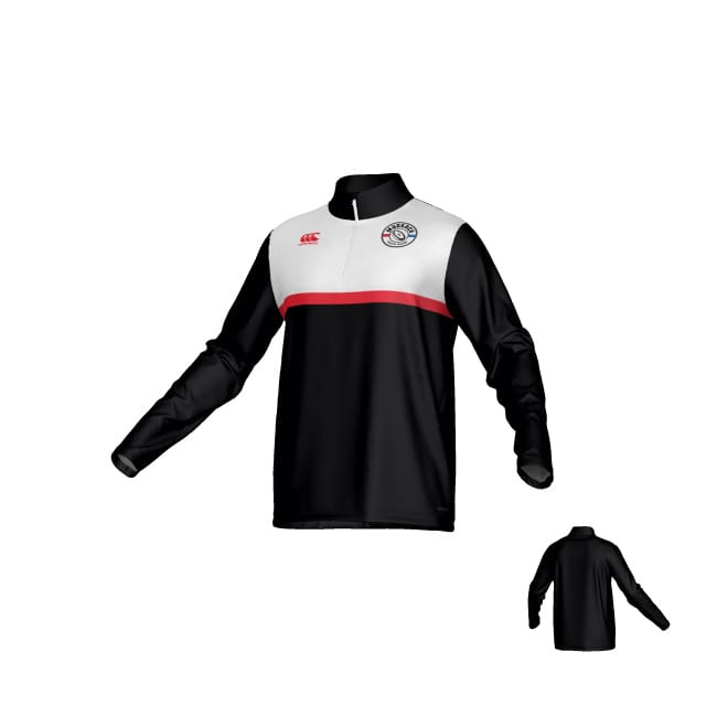 Teamatical Mudsock Rugby Canterbury Legacy Midlayer 1/4 Zip—black long-sleeve top with white and red chest stripe, zip collar, and left-chest logo. Small back view shown in the bottom right corner.