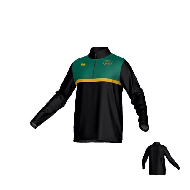 The Teamatical San Francisco Golden Gate Canterbury Legacy Midlayer 1/4 Zip is a green and black long-sleeve pullover with a yellow accent stripe, team logo on the chest, and a short front zipper.