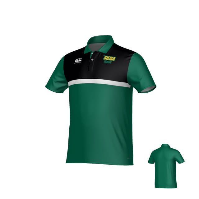 Teamatical Siena College Canterbury Performance Polo in green and black features a white stripe, "SIENA" and "SAINTS" text on the chest, small white logo on right shoulder; shown from front and back.
