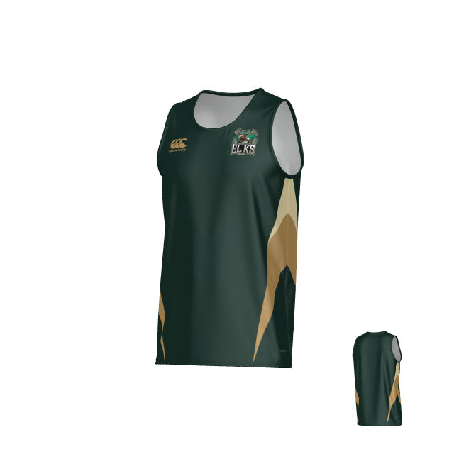 Teamatical Lewis County Elks Canterbury Hunter Performance Singlet—crafted from moisture-wicking performance fabric for optimal comfort—features a dark green athletic design with gold accents, an “ELKS” logo and crest on the left front chest. Back view also shown.