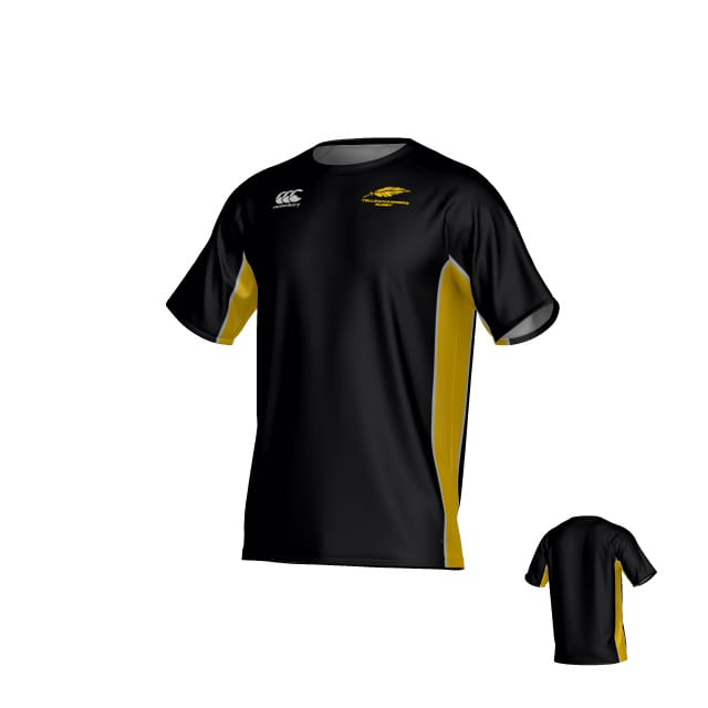 Montgomery Yellowhammers Canterbury Kirra Performance Tee by Teamatical features black and yellow short sleeves, two front logos, yellow side panels, and includes a rear view in the corner.