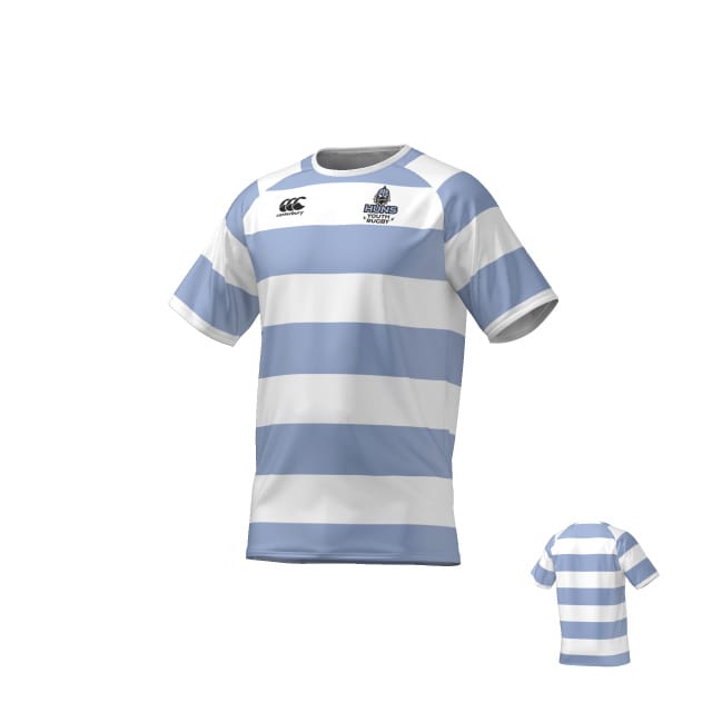 The Teamatical AUSTIN HUNS CANTERBURY ECO-SUBLIMATE SS RAGLAN TEE is a short-sleeve rugby jersey with light blue and white stripes, chest logos, and a plain back.