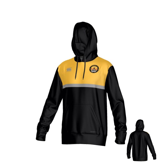 The Teamatical Pittsburgh Forge Canterbury Legacy Performance Hoodie features yellow shoulders, a gray chest stripe, front pouch pocket, and a circular logo on the left chest. A smaller rear view is displayed to the right.