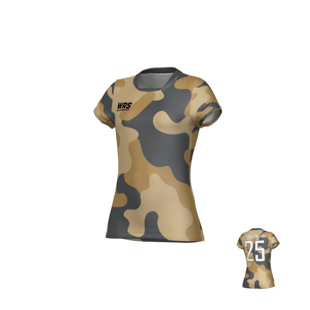 The Teamatical WRS WOMENS PRO JERSEY - CAMO is a women’s short-sleeve shirt with a tan, brown, and gray camo design, featuring "WRS" on the front and the number 25 on the back.