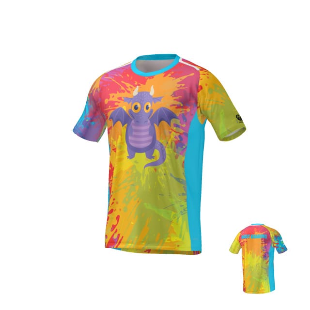 The Teamatical Baby Dragons OG Canterbury Maka Regular Cut Jersey features a colorful splash pattern with a cartoon purple dragon on the front and a matching splash design on the back.