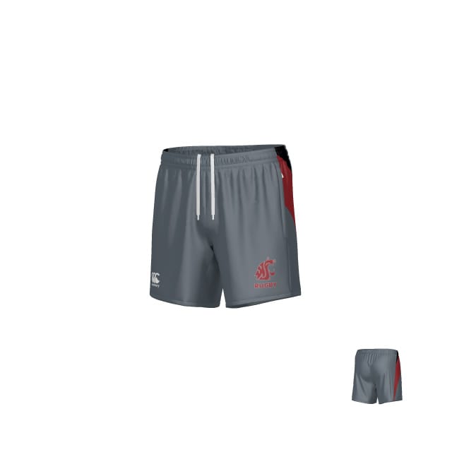 The Teamatical Washington State Rugby Canterbury Hunter Zip Pocket Gym Shorts feature gray fabric with maroon accents, a white drawstring, and front Washington State Rugby logos, displayed in front and back views on a plain white background.