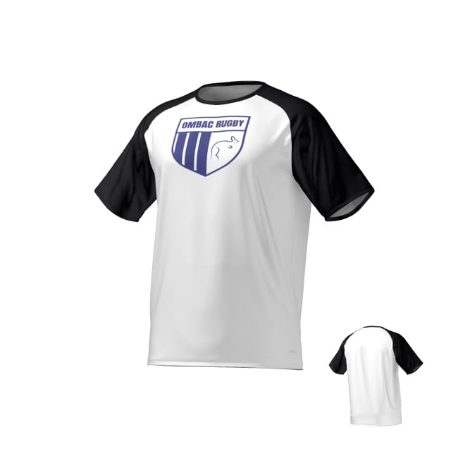 The Teamatical OMBAC Youth Rugby DNA Performance Tee features black short sleeves, a white body, and a blue OMBAC Rugby bear logo on the chest. The back view is also displayed.