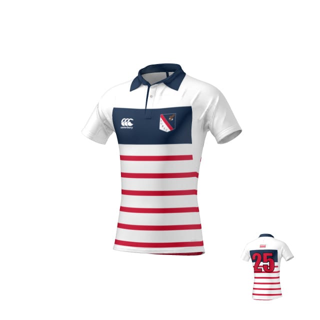 The Teamatical American University CANTERBURY RAGLAN KAHA TEST JERSEY - MENS features white fabric, horizontal red stripes, a navy chest panel and collar, team badge on the left chest, and red number 25 on the back.