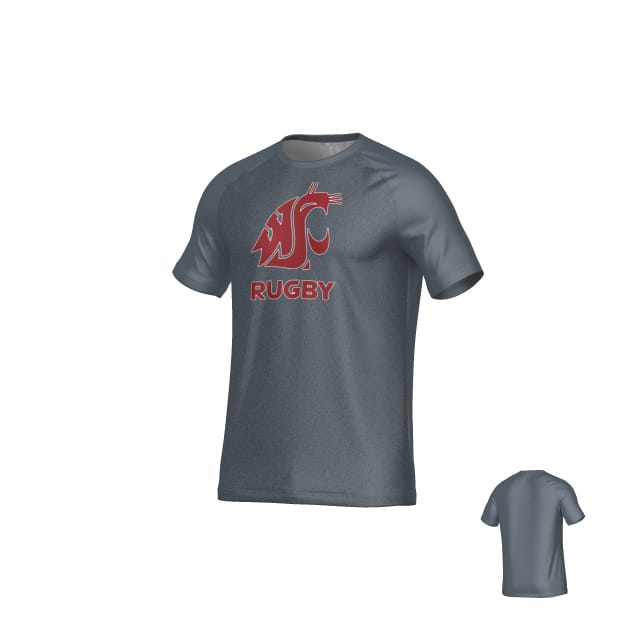 The Teamatical Washington State Rugby DNA Crew Performance Tee features a gray, short-sleeve design with a red WSU Cougars rugby logo on the front and a plain back. Made from moisture-managing fabric for comfort.