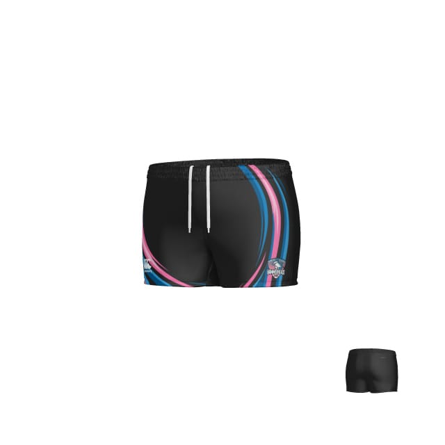 The Teamatical SWFL Lady Hammerheads Sublimated Women's Yokohama Shorts feature black fabric with pink and blue curved stripes on the front, a logo on the left leg, and a plain black back shown in a smaller image.