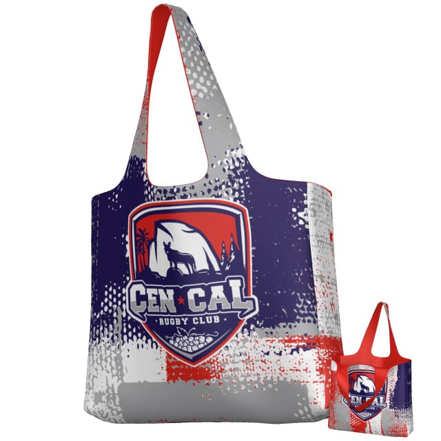 The Teamatical CenCal DNA Packable Zip Tote features a red handle and the "Cen Cal Rugby Club" logo in blue, red, and white, plus a smaller matching bag by its side.