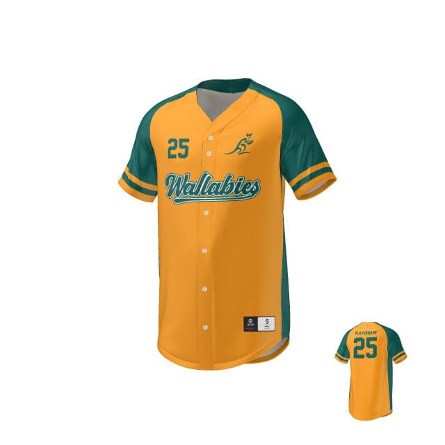 A green and yellow Wallabies Pro baseball jersey with the word "wallabies" and the number 25 on it, featuring moisture management by Teamatical.