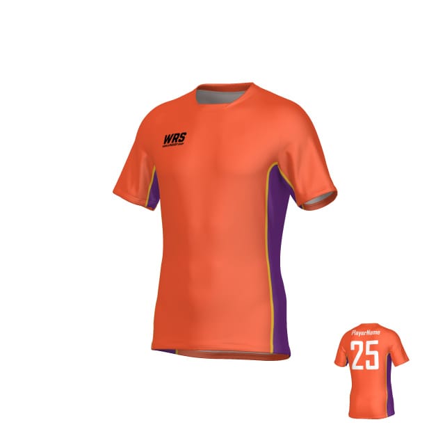 The Teamatical WRS MENS PRO JERSEY - CLEAN is an orange and purple short-sleeve sports jersey featuring a "WRS" logo on the front and "25 PlayerName" on the back.
