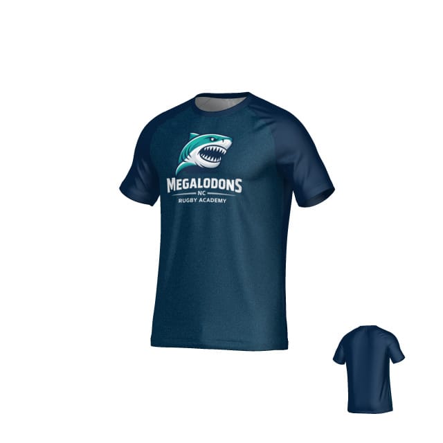 The Teamatical NC Megalodons DNA Sydney Crew Performance Tee is a navy blue short-sleeve shirt with a shark logo and "Megalodons NC Rugby Academy" on the front. It features moisture management for comfort; plain back.