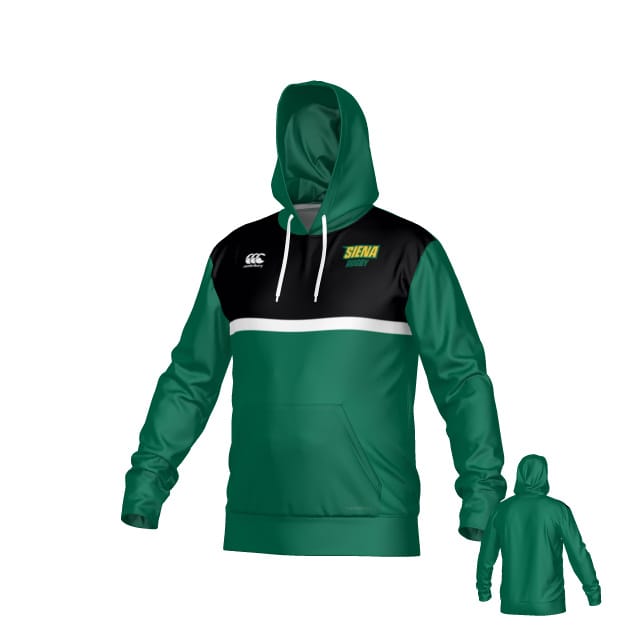 The Teamatical Siena College Canterbury Performance Hoody features a green design with black and white accents, "Siena" on the chest, a front pocket, and images showing both the front and back views.