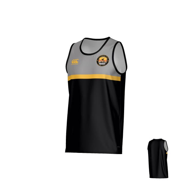 The Pittsburgh Forge Canterbury Legacy Performance Singlet by Teamatical is a sleeveless black and gray jersey featuring a yellow horizontal stripe, team logo on the upper left chest, small yellow "CCC" logo on the right, with back view shown in corner.