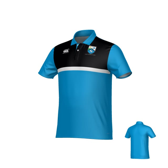 The Teamatical Las Colinas Canterbury Performance Polo features blue and black short sleeves, a white chest stripe, and an upper left logo, shown in both front and back views.