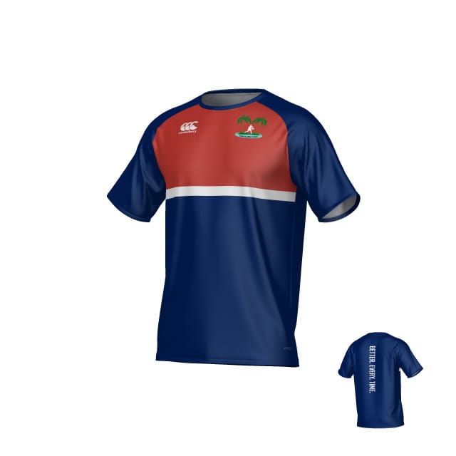 The Teamatical Twin Island Rugby Canterbury Legacy Performance Tee features short sleeves, blue and red color blocks, a white horizontal stripe, a palm tree logo on the chest, and upper back text.