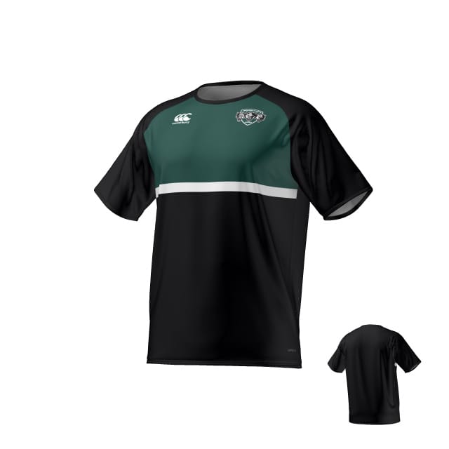 The Teamatical Woodlands Rugby Canterbury Performance Tee features black and green short sleeves, a white horizontal chest stripe, the logo on the front, and a small back view displayed in the bottom right corner.