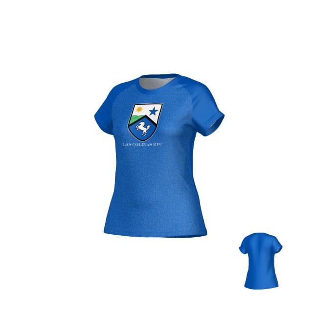 The Las Colinas DNA Sydney Crew Performance Tee for women by Teamatical features a blue, moisture-wicking short-sleeve design with a crest of horse, star, and mountain plus "Las Colinas RFC." Back view shown in smaller inset.