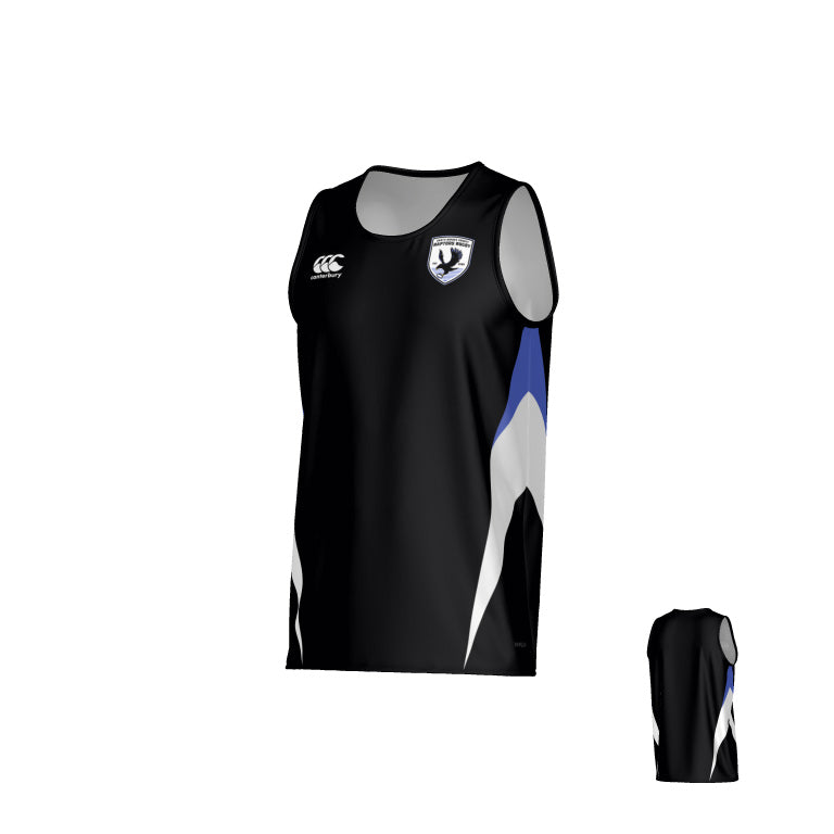South Orange County Raptors Canterbury Hunter Performance Singlet in black with a white and blue side panel, a team logo on the chest, and a smaller rear view.