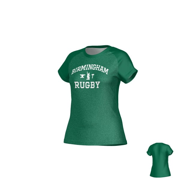 The Teamatical Birmingham Vulcans DNA Sydney Crew Performance Tee for women features a green, moisture-wicking short-sleeve design with "Birmingham Rugby" and two white graphics on the front; back view pictured smaller.